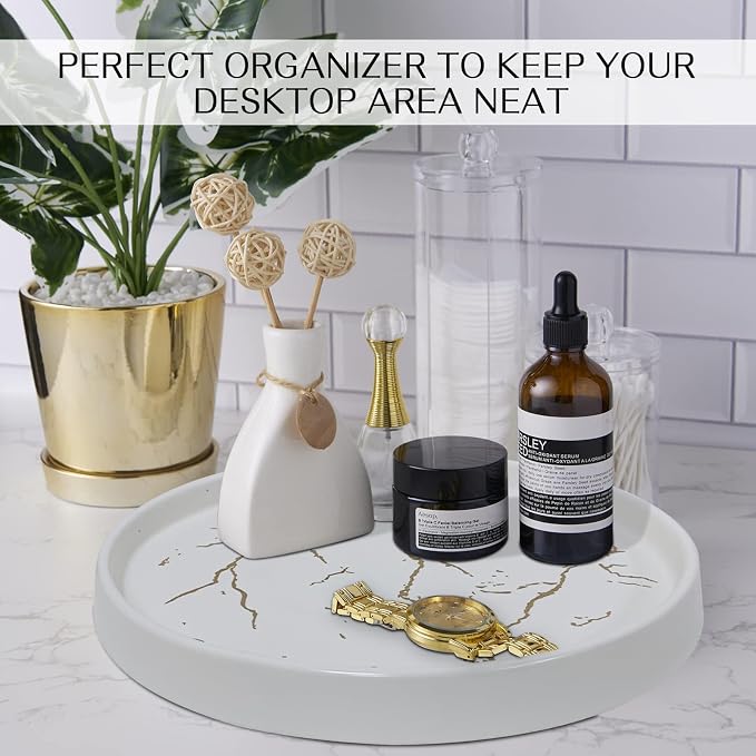 White Round Marble Bathroom Sink Vanity Tray, Coffee Table Stone Tray, Soap Dish for Kitchen Counter (White, 10 in)