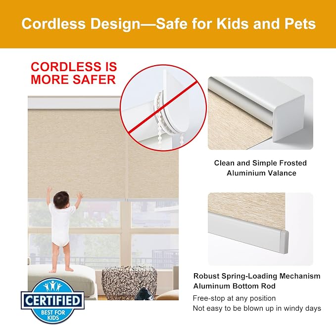 Persilux Free-Stop Cordless 100% Blackout Roller Shades for Windows, Natural Woven Fabric UV Protection Privacy Thermal Insulated Window Blinds for Indoor Windows, Home, Bedroom, Khaki 39" W x 72" H