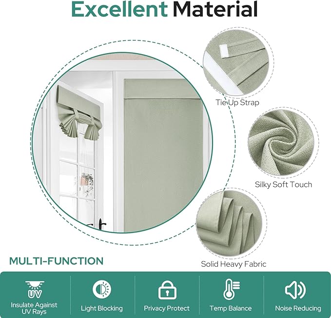 HOMEIDEAS 100% Linen Blackout French Door Curtains, Privacy Door Window Curtains, 26 X 68 Inch Room Darkening Blinds, Thermal Insulated Shades for Bedroom, 1 Panel, Sage Green