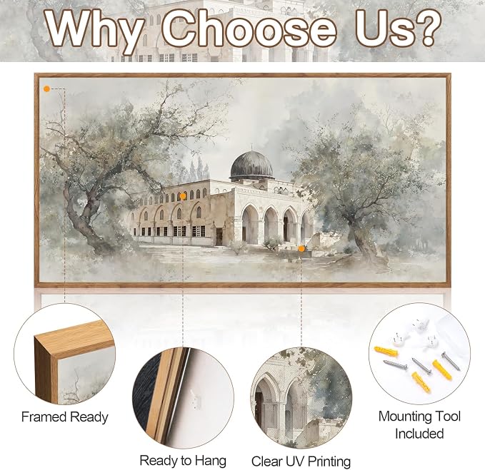 CHDITB Jerusalem Palestine Al Aqsa Mosque with Olive Trees Wall Art Framed, Neutral Modern Middle Eastern Arabic Muslim Gift Canvas Artwork, Large Vintage Islamic Masjid Architecture Painting Decor for Living Room Office (40"L x 20"W)