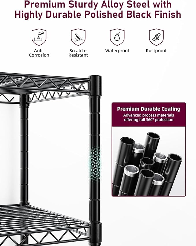 Simple Deluxe 3-Tier Heavy Duty Adjustable Storage Shelf with Wheels, 23.23”W x 13.39”D x 30.31”H, Mobile or Stationary Metal Shelving Unit, Easy Assembly for Kitchen, Pantry, Laundry Room, Black