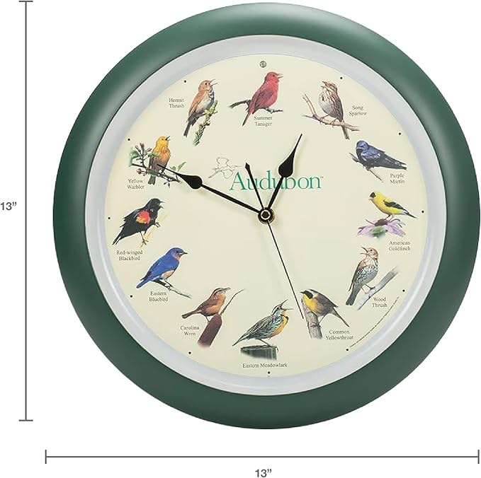 Mark Feldstein, Audubon Singing Bird Wall Clock, 13 Inch, Green