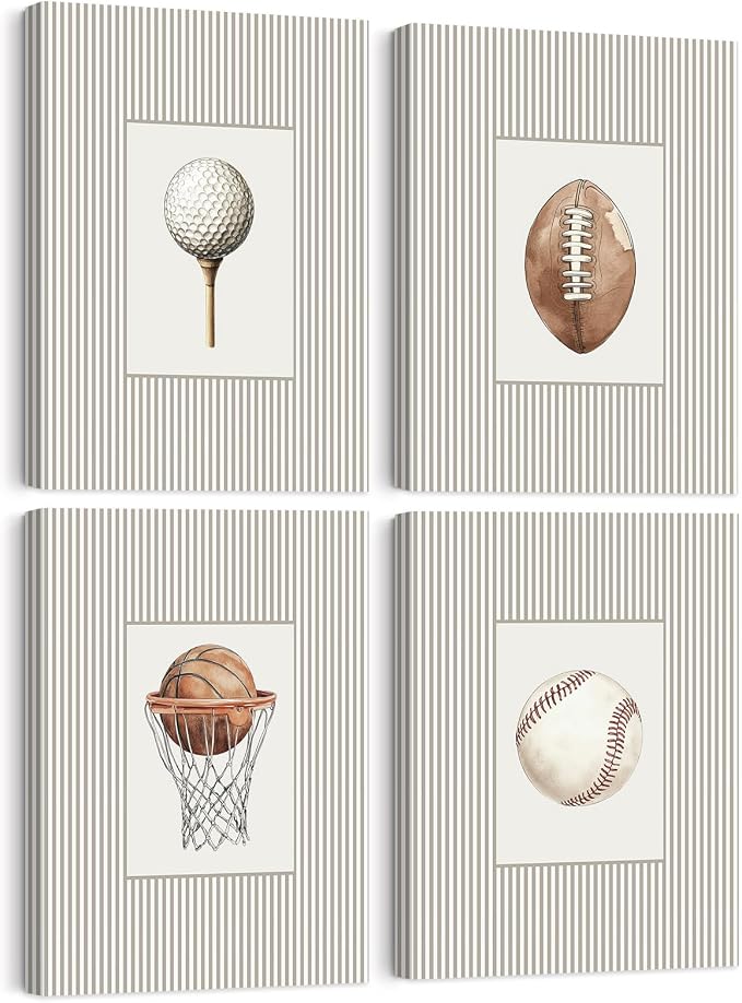Sports Wall Art Decor Toddler Boys Room Canvas Prints Vintage Sports Nursery Wall Decor Kids Poster Football Baseball Pictures Basketball Golf Painting Artwork for Bedroom 12x16x4 Inch Ready to Hang