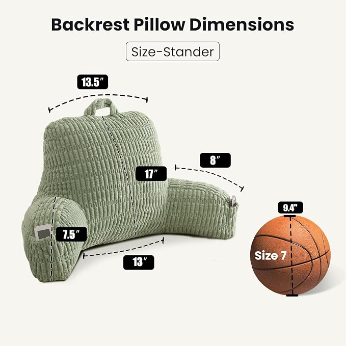 Reading Pillow for Sitting in Bed with Arm,Green Corduroy,M | Sitting Pillow for Teens Back Support,17" Backrest Pillow Supports Reading,Gaming & Relaxing in Bed,Couch,Floor