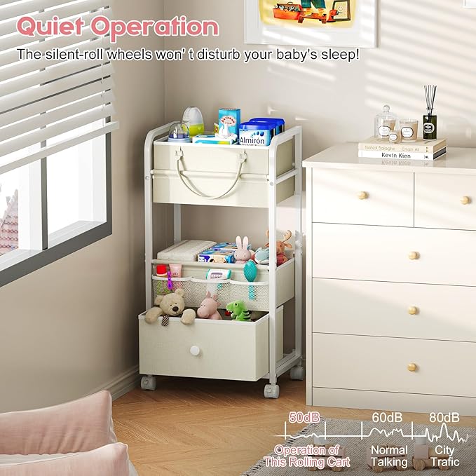 Cidaziya 2In1 Baby Diaper Caddy Organizer and Storage, 3 Tier Rolling Cart with Drawer, Mobile Utility Cart Baby Dresser Clothes Organizer for Crib, Art & Craft Storage, White, 17"W x 11.42"D x 33.5"H