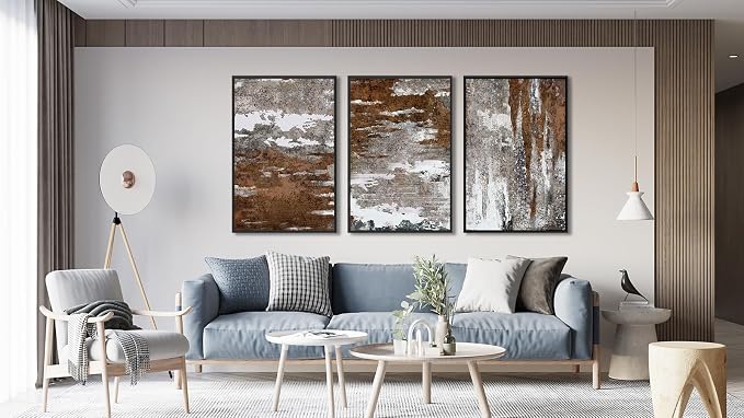 Large Framed Canvas Wall Art - Rustic Brown and White Abstract Pictures for Living Room Aesthetic Vintage Wall Decor Retro Prints for Bedroom Dinning Room Black Float Framed 24" X 36" X 3 pcs