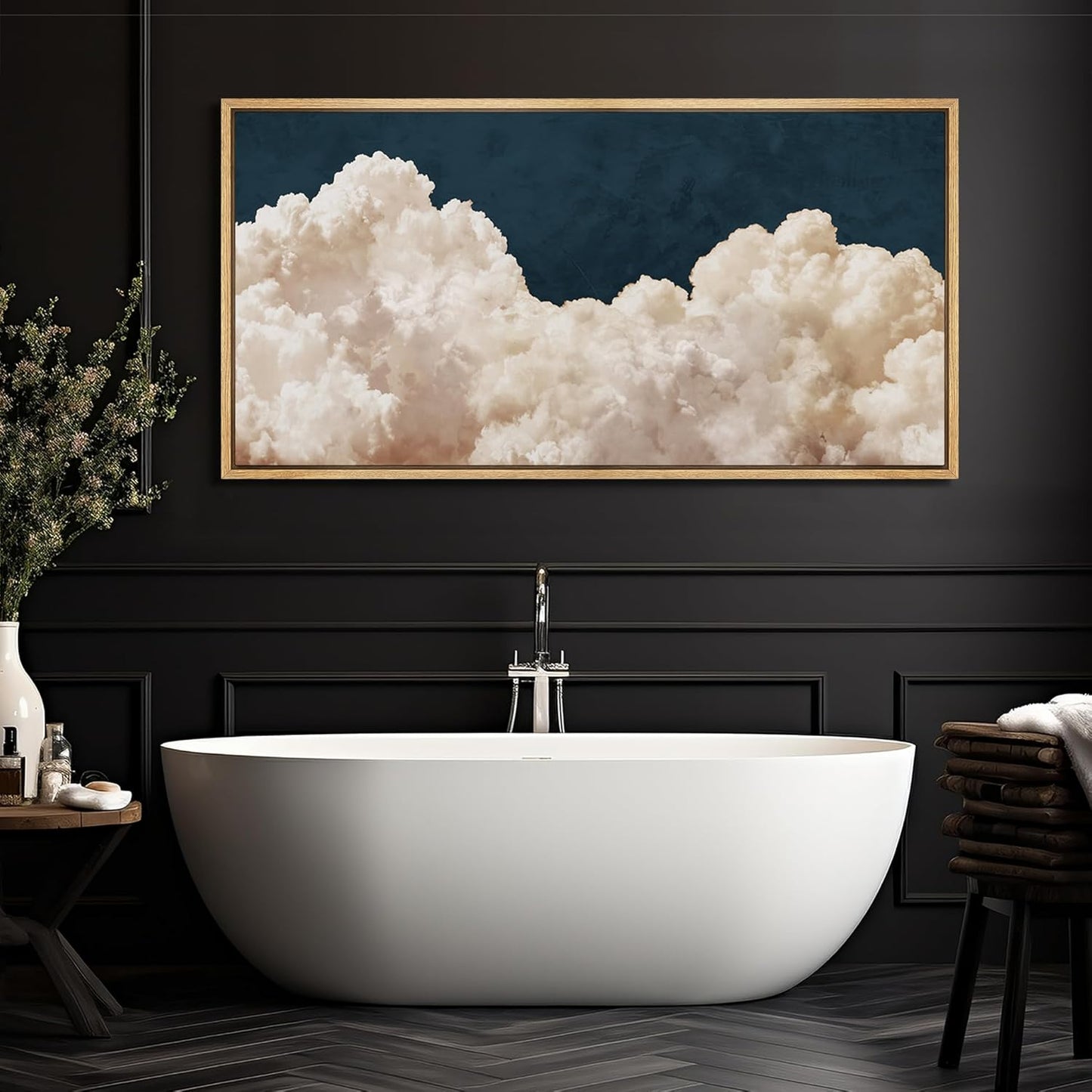 MUDECOR Extra Large Framed Canvas Print Wall Art Cumulus Clouds Panoramic Dramatic Skyline Illustrations Antique Retro Fine Art Illustrations Decorative Colorful for Bedroom - 60"x30"