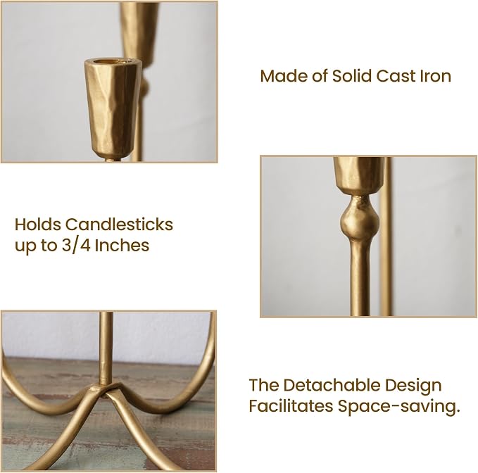BANOMII Large Iron Candelabra Centerpieces for Tables, 17.7'' Tall Taper Candle Holders, Vintage Brass Gold Candlestick Holders, Antique Fireplace Mantel Decorations for Living Room, 5 Arms