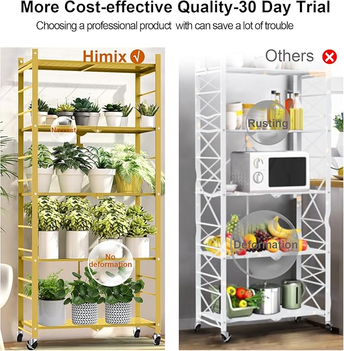 Himix Storage Shelves with 20 Hooks, 5-Tier Foldable Shelves for Storage, Folding Shelf Unit Pantry Shelves with Wheels, Standing Shelving Unit for Kitchen Garage Home Office Room Greenhouse, Gold