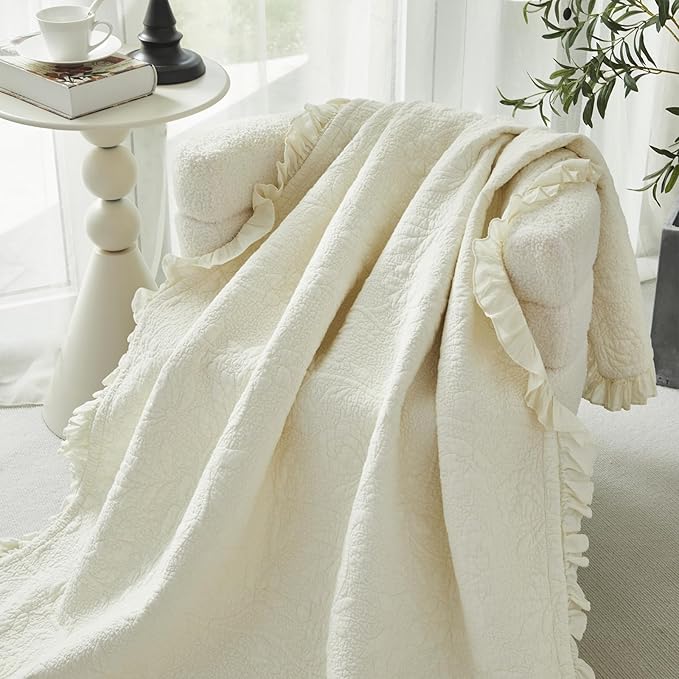 Brandream Cream Yellow White Ruffle Quilted Throw Blanket Cotton Throws for Bed Couch Daybed 47 X 60 Inch Decorative Blankets