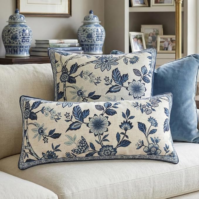 bilin gaier Designer Linen Throw Pillow Covers,28"x12" Set of 2-Suqing A | Vintage Elegant Rectangular Pillow Cover,Concealed Zipper,Blue Floral Pattern,Sofas,Bedroom,Living Room,Lounge Chairs