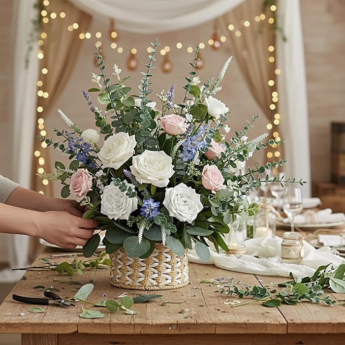 120 Pcs 6 Kinds Mixed Eucalyptus Leaves Stems Bulk Artificial Silver Dollar Leaves Picks Dried Eucalyptus Bundle Faux Spray for Wedding Vase Bouquet Decor (Eucalyptus Leaves Stems-120)