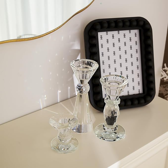DN DECONATION Glass Candle Holder 3 Pcs, Clear Crystal Candlestick Holders | Tealight Candle Holders, Aesthetic Home Decor for Table Centerpiece, Wedding Decorations, Housewarming Gift, Living Room