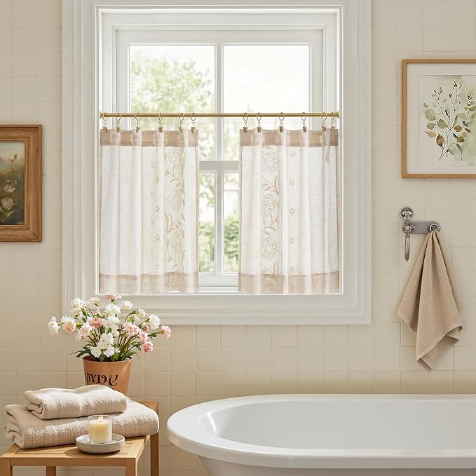 jinchan Winslow Linen Kitchen Curtains 24 Inch Length Small Window Curtains Embroidered Bordered Floral Drapes Light Filtering for Bathroom Laundry Room Farmhouse Decor White on Beige 2 Panels