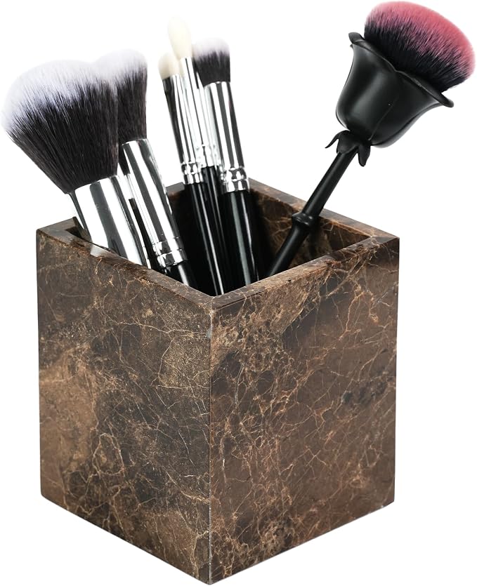 Marble Makeup Brush Holder - Brown Candle Toothbrush Cup for Bathroom Accessories, Decorative Pencil Organizer for Office Desk Aesthetic, Stone Utensil Container for Kitchen Countertop