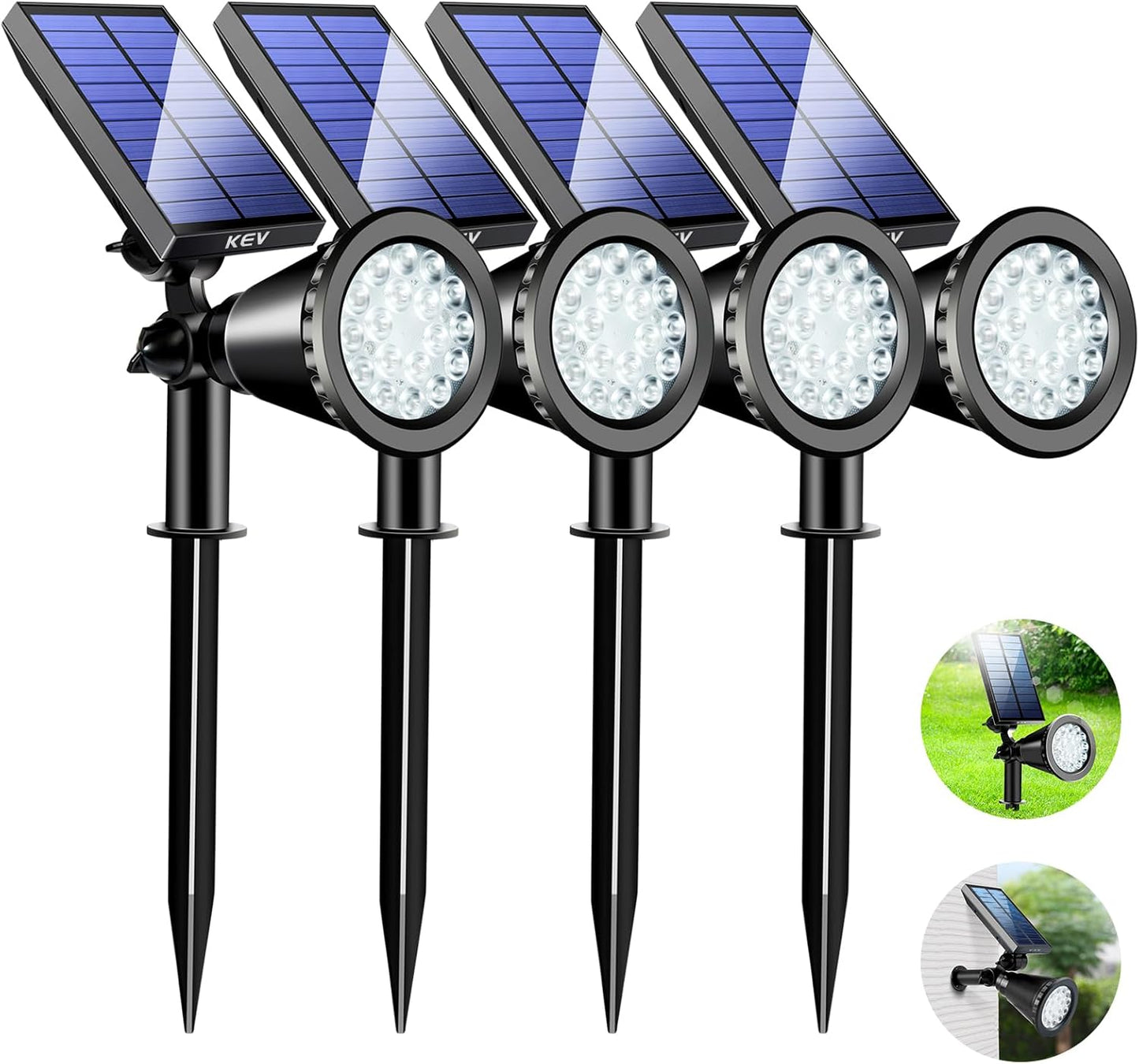 KEV 800 Lumens Solar Spot Lights Outdoor,18 LEDs Solar Flood Lights with 2 Modes &Adjustable &IPX65 Waterproof,Solar Spotlight for Driveway/Backyard/Patio Landscape/Tree/Garage(Cool White, 4 Pack)