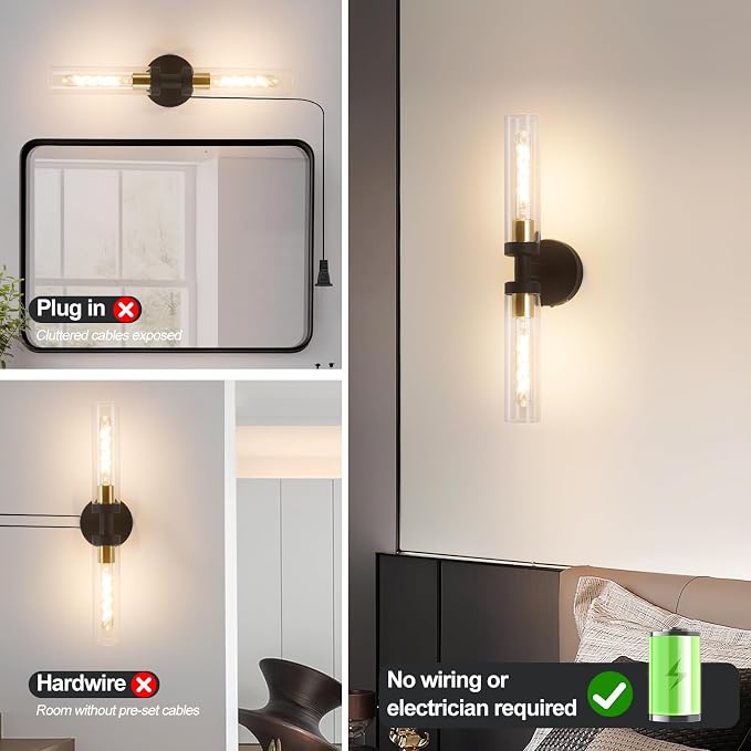 Battery Operated Wall Sconces, Wall Sconce Set of 2, 3000K-6500K Black Rechargeable Wall Lamp with Remote, Indoor Non-Hardwired Wall Lamps, Modern Vanity Light for Bedroom, Living Room, Aisle