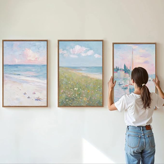 Rantodecor Impressionist Framed Canvas Wall Art, Vintage Italy Coastal Sailboat Wall Decor, Light Blue and White Posters Art Prints, Pastel Beach House Artwork for Bedroom Living Room Office 24"x36"x3