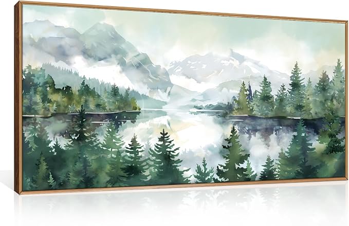 Watercolor Mountain Framed Canvas Wall Art Set,Green Forest Lake Wall Decor,Nature Boho Pine Tree Wall Painting,Foggy Wilderness Landscape Artwork for Living Room,Bedroom,Office-40 X20 X1