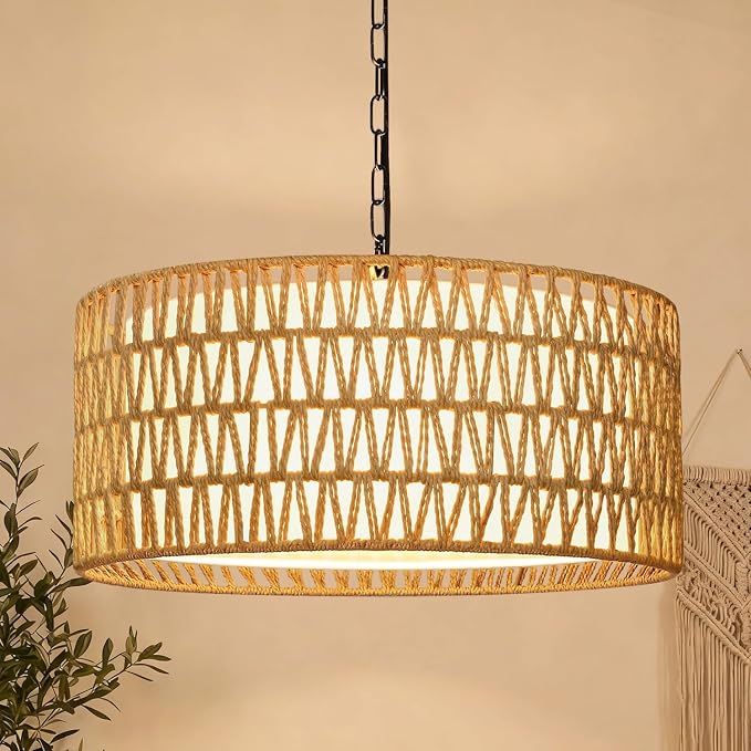 9"-52" Height Adjustable Farmhouse Chandelier Light Fixture, 5-Light Rattan Boho Chandeliers for Dining Room, Hand Woven Pendant Light with Linen Shade, Rustic Hanging Lighting for Kitchen Island