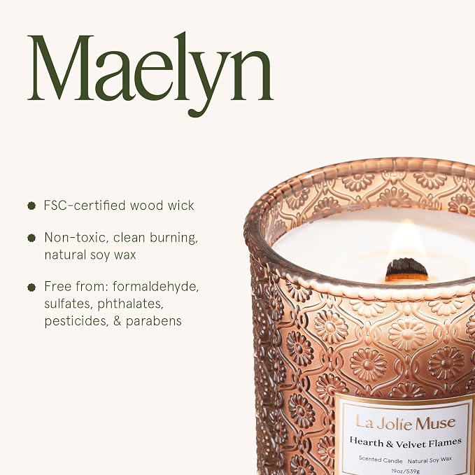 LA JOLIE MUSE Hearth & Velvet Flames Scented Candle for Home, 19 oz Soy Wax | Fireside Candle, Christmas Winter Festive Decoration, Luxury Red Jar Candle, Clean Non Toxic, Gift for Women & Men, Wood Wick