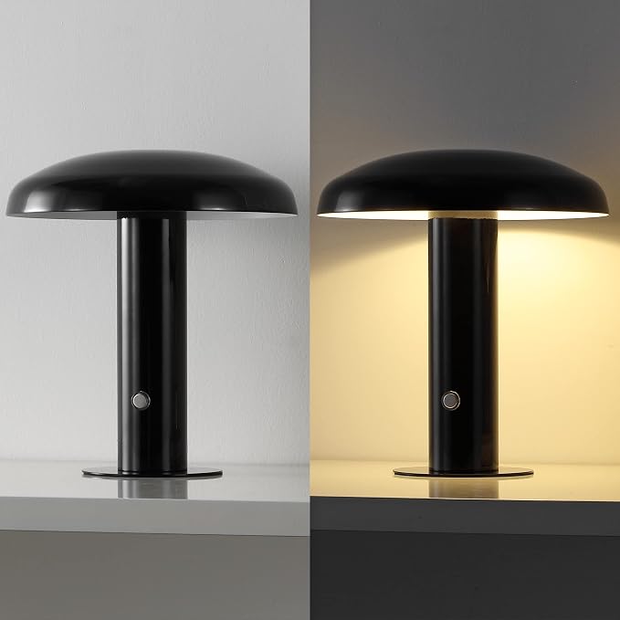 JONATHAN Y 11" Black Rechargeable LED Mushroom Table Lamp, Cordless Portable Dimmable Mid-Century Modern Accent Lamp, with Metal Shade, Touch Sensor JYL7114A