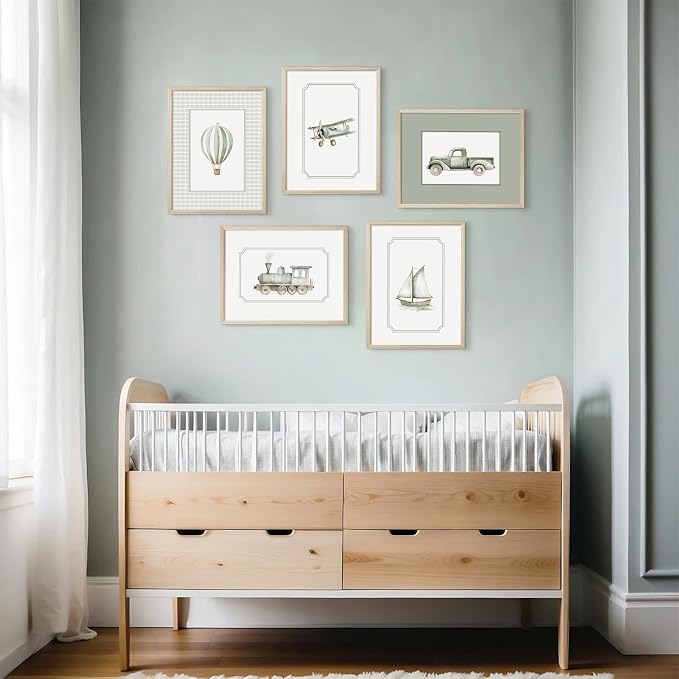 Sage Green Nursery Wall Art Boys Room Canvas Poster Kids Wall Decor Vintage Vehicle Prints Baby Toddler Pictures Transportation Plane Painting Train Truck Artwork for Bedroom 12x16 Inch Wood Framed