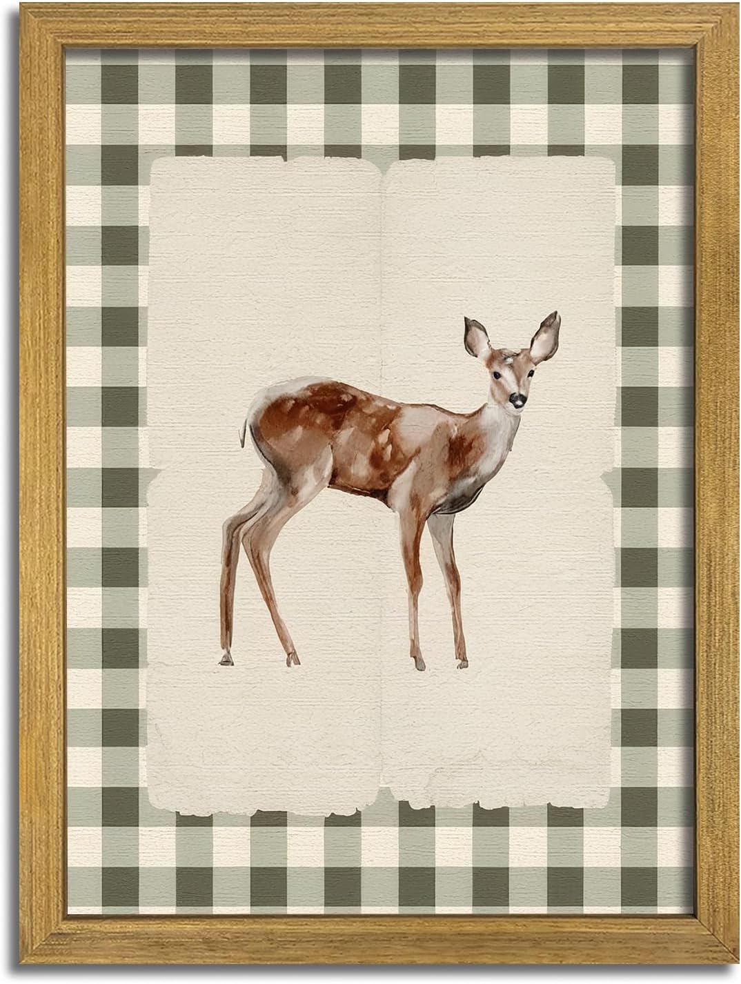 Wood Framed Deer Wall Art Print, Woodland Baby Deer Canvas Poster Wall Decor, Vintage Rustic Green Gingham Farmhouse Animal Picture for Living Room Kitchen Bedroom Nursery Decor, 8x10 inch