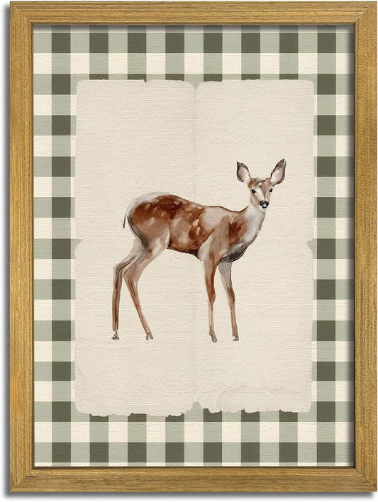 Wood Framed Deer Wall Art Print, Woodland Baby Deer Canvas Poster Wall Decor, Vintage Rustic Green Gingham Farmhouse Animal Picture for Living Room Kitchen Bedroom Nursery Decor, 8x10 inch