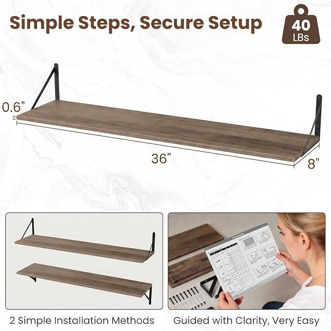 Vivelove Deep Floating Shelves for Wall, 36W x 8D Rustic Grey Wood Wall Shelves Set of 2, Large Floating Shelf for Living Room, Kitchen, Office, Bedroom and Decor Storage, with Metal Bracket - Grey