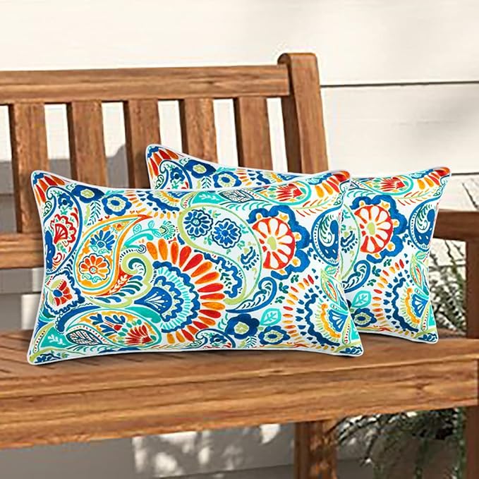 Magpie Fabrics Set of 2 Lumbar Throw Pillow with Insert 12x20 Inch, Outdoor Rectangular Waterproof Home Decorative Toss Cushion for Patio Garden Car Office - Paisley Multi