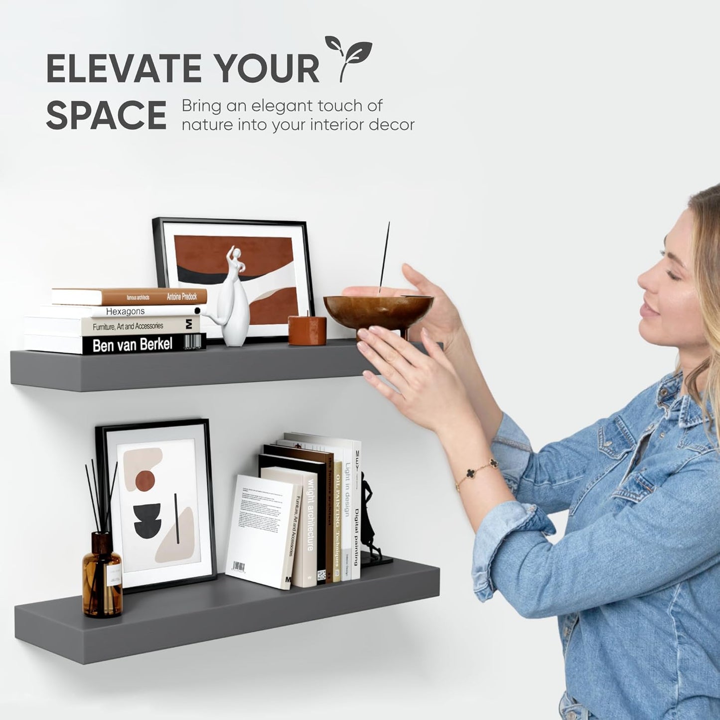 Homeforia 24inch Gray Floating Shelves for Wall, High End Solid Real Wood 24in Floating Shelf for Bathroom, Grey Wooden 24 inch Long Floating Shelves, Heavy Duty Bracket, 24 X 6.5 X 1.75 in, Set of 2