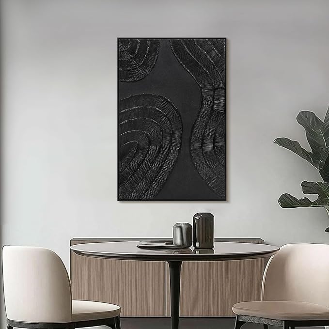 Textured 3D Abstract Hand-Painted Wall Art Large Black Thick Texture Minimalist Wall Art - 3D Contemporary Dimensional Home Office Living Room Modern Wall Decor Framed - 24"x36"