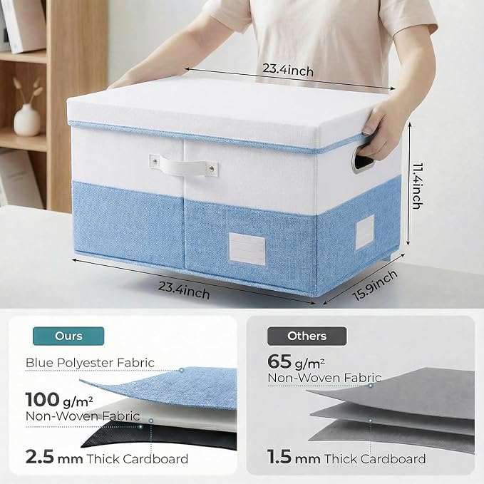 PRANDOM Storage Bins with Lids [3-Pack] Linen Fabric Foldable Storage Boxes Organizer Containers Baskets Cube with Cover for Bedroom Closet Office White&Blue (23.4X15.9X11.4)