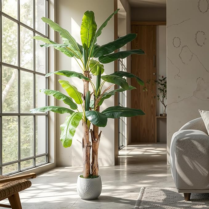 7FT Artificial Banana Tree with Realistic Banana Leaves Large Faux Tropical Plant Artificial Plants Outdoor Fake Tree for Patio Balcony Garden Home Office Indoor Decor (with Faux Moss)