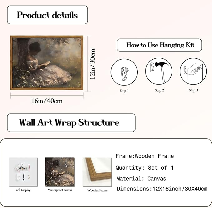 Framed Vintage Wall Art, Moody Black Girl Reading Book Pictures Wall Decor, Victorian Woman African American Paintings Canvas Prints Aesthetic Artwork for Home Living Room Bedroom 12x16 inch