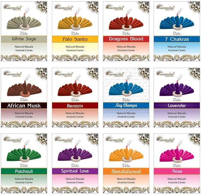 ARO VATIKA Vedic Natural Masala Incense Cones 120 Count in Pack of 12 Boxes | 12 Assorted Fragrances Dhoop Cones | Best for Prayer, Reiki, Meditation and Relaxation | Burn Time 25 Mins
