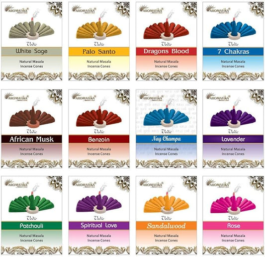 ARO VATIKA Vedic Natural Masala Incense Cones 120 Count in Pack of 12 Boxes | 12 Assorted Fragrances Dhoop Cones | Best for Prayer, Reiki, Meditation and Relaxation | Burn Time 25 Mins