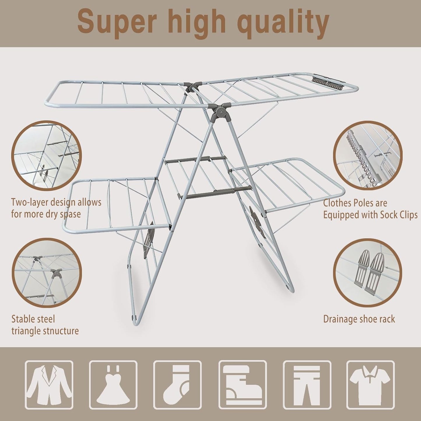 Large Capacity Double Drying Rack, Folding Rustproof Drying Rack with Non-Slip Clips and Drainage Shoe Rack, Height Adjustable, Airy and Quick Drying, Suitable for Balcony and Outdoor Use