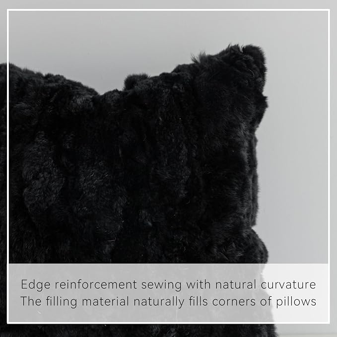 MOOX Rabbit Fur Pillow Covers Set of 2 Fur Throw Lumbar Decorative Pillow Fuzzy Soft Fluffy Genuine Animal Skin 18"x18" Sofa Couch Bed Cover, Black