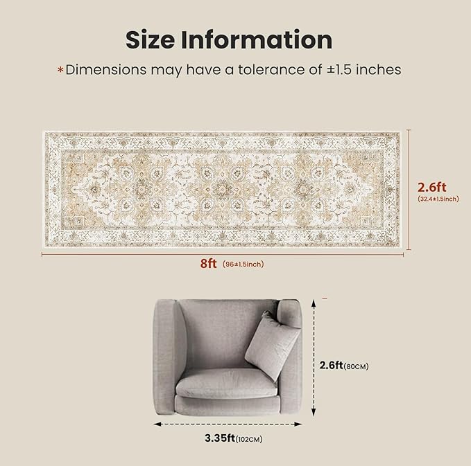 AMADA HOMEFURNISHING 2'6"x8' Washable Area Rug, Low-Profile Entryway Rug with Non-Slip Backing & Durable Edge Binding, Vintage Rug Pattern, Small Rugs for Entryway, Kitchen & Living Room