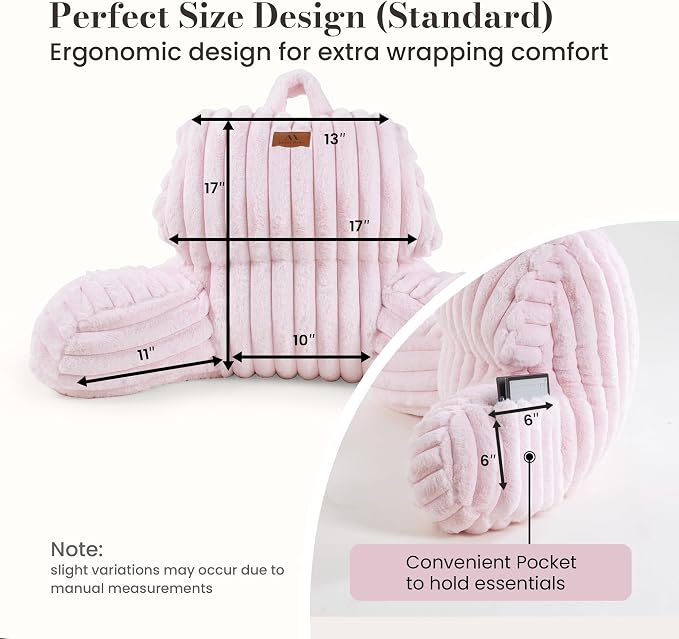 Amélie Home Faux Fur Reading Pillow with Pocket for Sitting in Bed, Kids Backrest Bed Pillow with Washable Cover for Lounging, Watching TV/Gaming/Resting/Post/Surgery/Nursing, Light Pink 17 inches