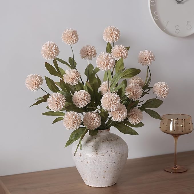VIERENA 12 Pcs Faux Silk Pompon Mum Artificial Flowers for Vase -27", Bulk Fake Chrysanth Branches with Stems for DIY Bouquet Centerpieces Wedding Fillers Arrangements Shower Decorations (Beige)