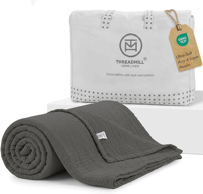 Threadmill Muslin Blanket for Queen Size Bed | 4 Layer 100% Cotton Gauze Blankets | Soft, Breathable and Cozy Bed Throw for All Seasons | Pre Washed, Lightweight Blanket Fits Full Size Bed | Dark Grey