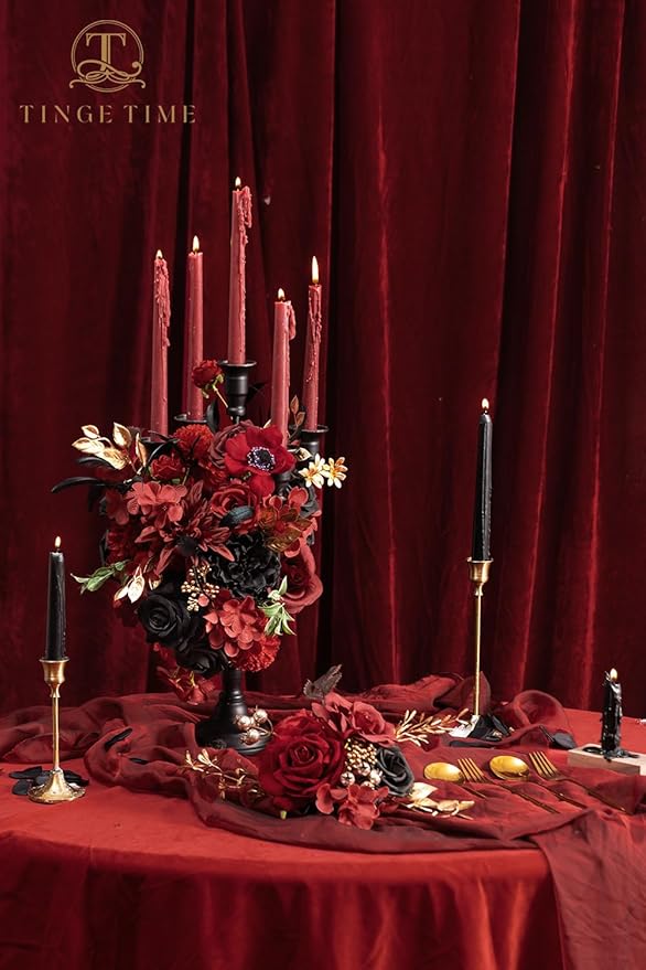 TINGE TIME Rose Artificial Flowers Combo, Fake Foam Roses with Stems for DIY Wedding Bridal Shower Decorations Party Table Centerpieces Fake Floral Arrangement Home Decor(Gothic Black and Red)