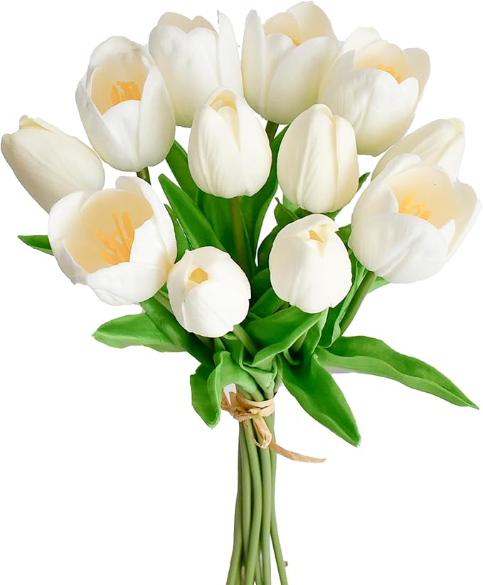 Mandy's White Artificial Tulips Flowers Centerpiece, 13.5" Lifelike PU Fake Floral Stems 12pcs for Kitchen Island & Dining Table, Spring Decor for Easter