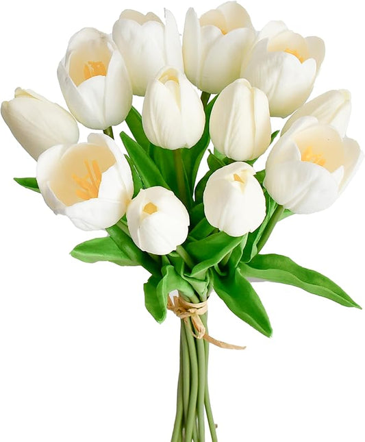 Mandy's White Artificial Tulips Flowers Centerpiece, 13.5" Lifelike PU Fake Floral Stems 12pcs for Kitchen Island & Dining Table, Spring Decor for Easter