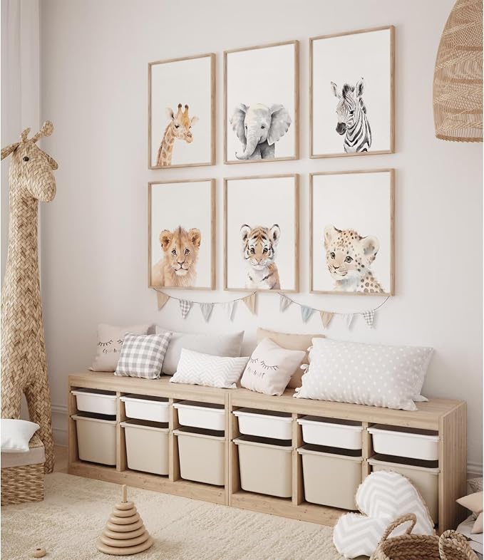 Tanmart Nursery Animal Wall Art Decor Baby Safari Canvas Prints Jungle Animal Wall Art Poster Baby Room Art Nursery Safari Pictures for Bedroom Boys Room 12x16 Inch Set of 6 Unframed