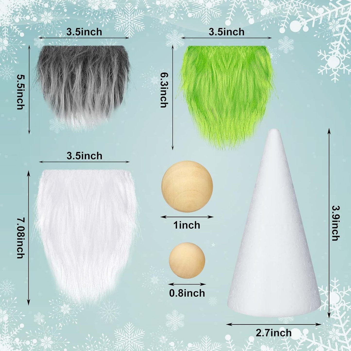60 Pcs Gnomes Beard Sets Faux Fur Pre Cut Gnomes Beard Foam Cone Foam Handmade Wood Balls for Halloween Christmas Day Crafts(White, Green, Gray)