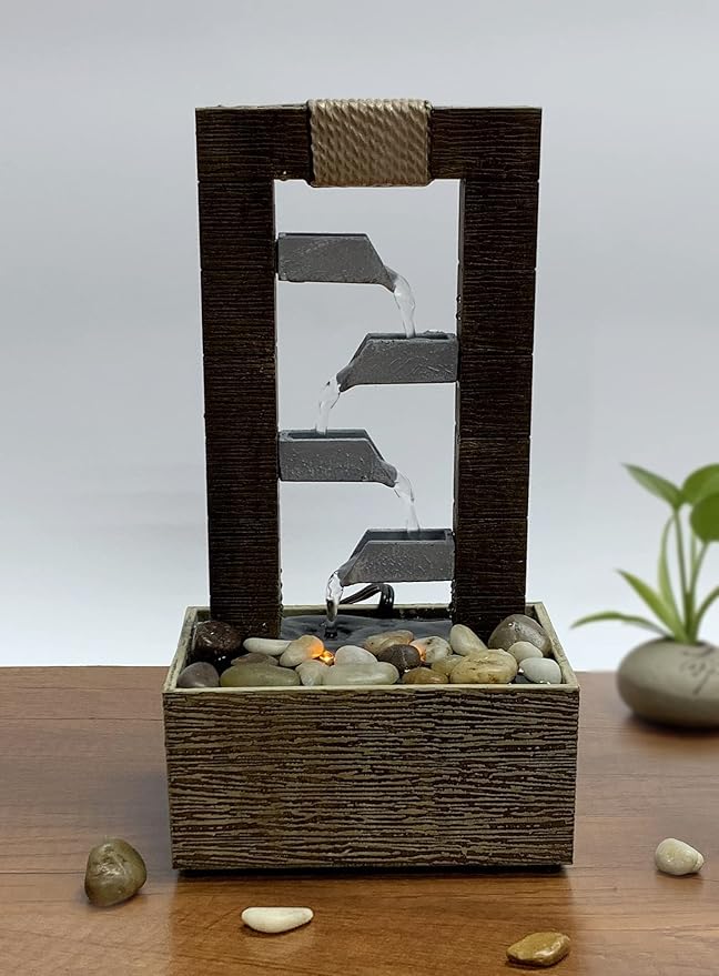 Nature's Mark 10" H 4 Tiered Cascading Tabletop Water Fountain with Natural River Rocks and LED Lights (Power Cord Attached)